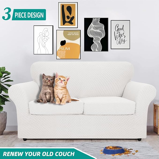 YEMYHOM Latest Checkered 3 Pieces Couch Covers for 2 Cushion Couch High Stretch Thickened Love Seat Sofa Cover for Dogs Pets Anti Slip Elastic Loveseat Slipcover Protector (White), 55"-69"(2 CUSHIONS) - Image 2