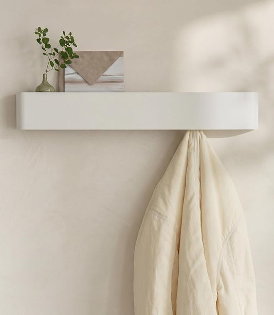 Kazai. Coat Rack Wall Mount with Shelf 'Tone' | Modern Design Coat Hanger with Hidden Hooks and Storage | Hat Rack with Shelf in Metal | Wall-Mounted Purse Organizer | White by KAZAI