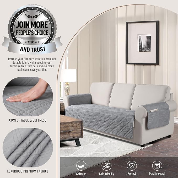 TAOCOCO Waterproof Couch Covers for Pets Dogs with Non Slip Backing, Sofa Seat Covers with Side Pocket for 3 Cushion Couch Washable Dog Couch Cover Protector Sofa Slipcovers(Sofa Plus, Light Gray) - Image 2