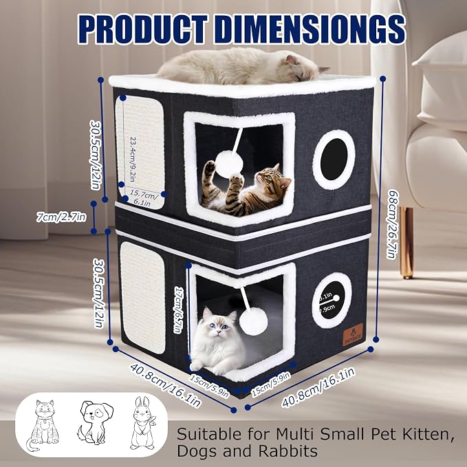 2-Story Cat House for Indoor Cats, Dual-Purpose Cat Cave Bed with Scratch Pad and Fluffy Ball, Foldable Cat Hideaway, Cute Cat Condo Furniture for Multi Small Pet Kitten, Dark Grey - Image 2