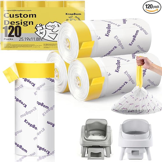 120 Count Automatic Cat Litter Box Liners Compatible with PetPivot AutoScooper 11/12 and Similar Open Top Self Cleaning Litter Box, Heavy Duty Cat Litter Bags Liners with Drawstring, 25.19" x 11.8" by KropBom