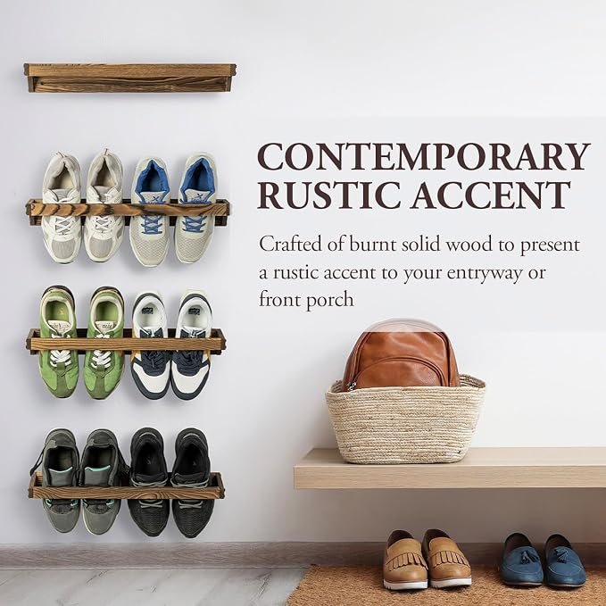 MyGift Set of 4 Rustic Burnt Solid Wood Hanging Shoe Storage Organizer Racks, Wall Mounted Space Saving Footwear Holder for Closet, Mudroom, Entryway, Holds 8 Pairs - Image 4