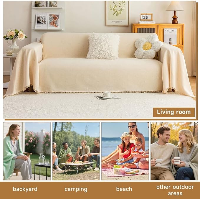 ROOMLIFE Boho Beige Couch Cover for Dogs, Washable Non Slip Furniture Protector Couch Sofa Covers for 3 Cushion Couch, Soft Breathable Sofa Slipcovers Couch Cover Throw Blanket with Tassels71''X118'' - Image 6