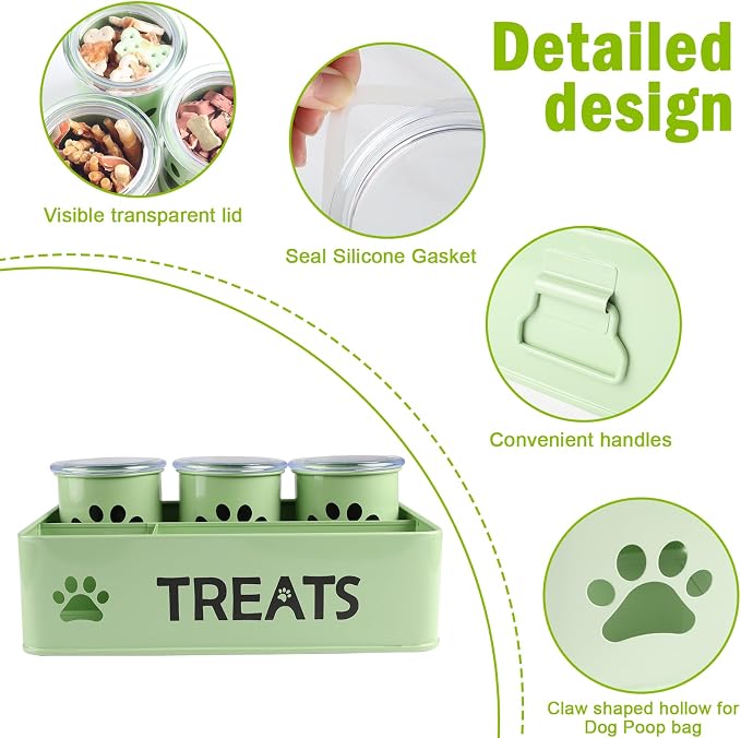 28oz Metal Dog Treat Container Set of 3,Dog Treat Jars with Airtight Lids,Cat Treat Jar,Dog Treat Canister for Countertop,Coated Galvanized Steel Dog Treats Station-Green - Image 2