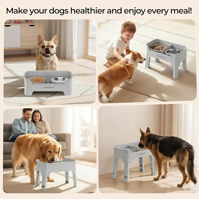 URPOWER Mess Proof Elevated Dog Bowls, Splash Guard Raised Bowl Stand | 4 Height Adjustable Raised Stand with 2 Stainless Steel Food Bowls & Licking Plate for Small, Medium & Large Dogs - Image 8