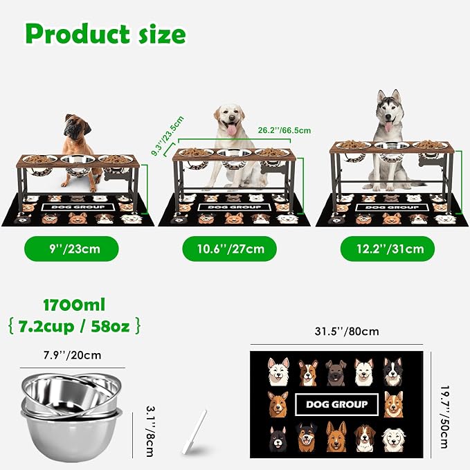 SHAINFUN Adjustable Height Elevated Dog Bowl Stand – Wooden Raised Dog Bowls with Three 58oz Stainless Steel Bowls & Mat for Small to Large Dog Breeds - Image 4