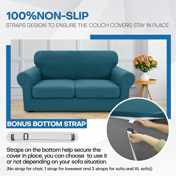 XINEAGE New 4 Pieces Couch Covers for 3 Cushion Couch Super Stretch Thick Soft Sofa Cover Anti Slip Sofa Slipcover Dogs Cats Furniture Protector (Peacock Blue, 71"-91") - Image 7
