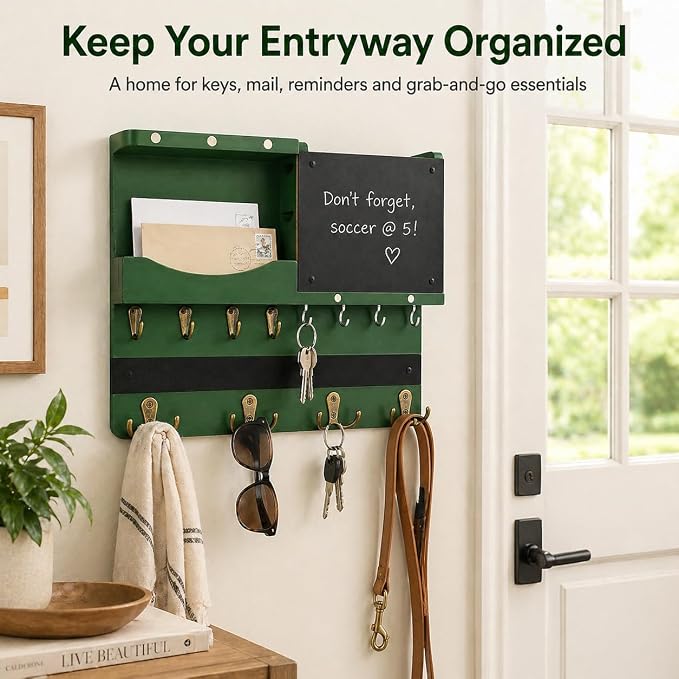 Key Holder for Wall Mount with Shelf and Mail Organizer, Key and Mail Holder with 16 Hooks, Farmhouse Entryway Organizer, Home Decor Rack (Pine Wood,Green) - Image 5