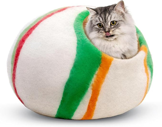 Woolygon Premium Felt Cat Cave Bed – Wool Kitty Beds Handcrafted Kitten Caves Bed for Indoor Cats - Made from Merino Wool, Foldable Cat Hideaway Covered Cat House Pod (Candy Swirl) by Woolygon