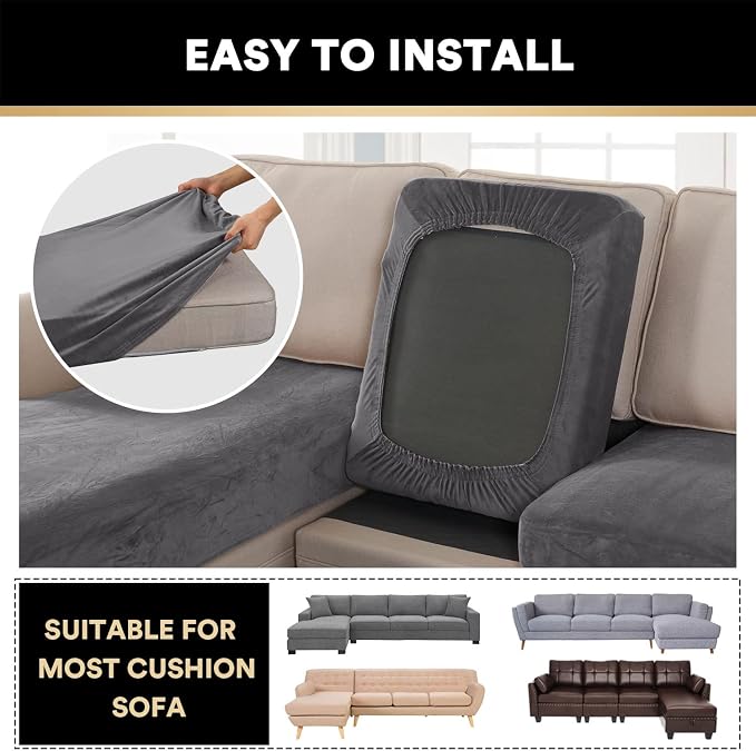 PrinceDeco Sectional Couch Covers 4 Pieces Velvet Separate Couch Cushion Covers L Shape for Left/Right Chaise Sectional Couch with Elastic Bottom (3 Seater + 1 Chaise,Grey) - Image 6
