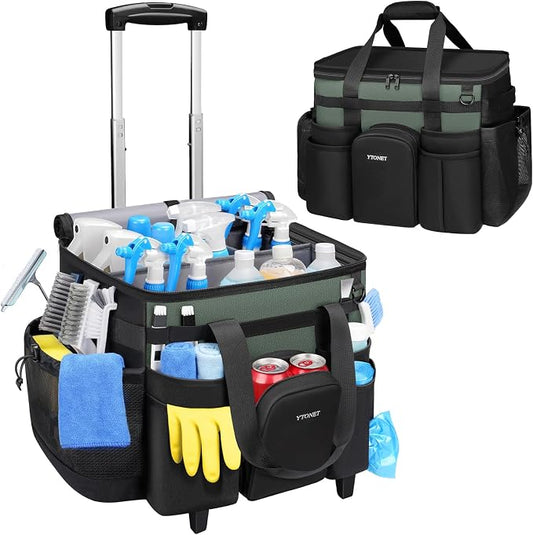 Ytonet XXL Cleaning Caddy with Wheels, Large Rolling Cleaning Caddy Bag with Detachable Trolley for Housekeepers, Water Resistant Cleaner Supplies Organizer with Wheels for Kitchen, Tool Organizer by YTONET
