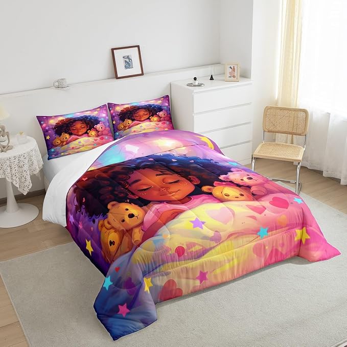 Manfei Black Cute Girl Queen Size Comforter Set,Kawaii Sleeping Kid Cartoon Toy Down Alternative Adults Room Decor,Neon Colorful Stars Dreamy Starry Night Ultra Soft Microfiber Inner Fill 3Pcs - Image 4