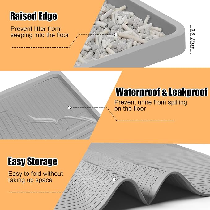 Silicone Cat Litter Mat 50" x 36" Cat Mat for Litter Box, Light Grey | Extra Large Cat Litter Trapping Mat for Floor, Waterproof, Non-Slip Kitty Litter Box Mat with Raised Edge, Easy to Clean - Image 6