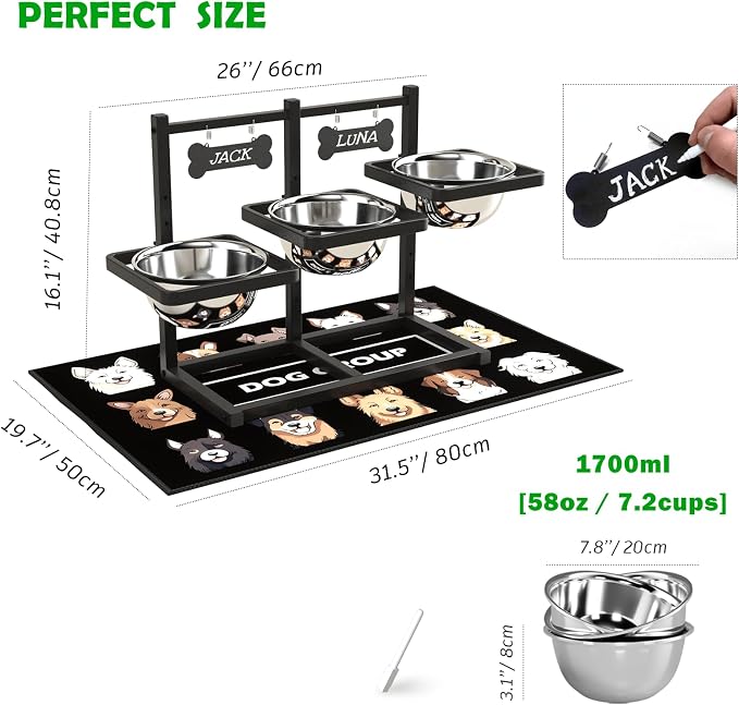 SHAINFUN Elevated Dog Bowls for Medium/Large Dogs with Mat, 6 Height Adjustable Raised Dog Bowls, Three Large 58oz Food Water Stainless Steel Bowls - Image 3