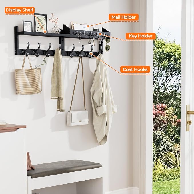 Evermagin 35" Coat Rack Wall Mount with Shelf & 13 Hooks, Entryway, Black | 4-in-1: coat hooks, key hanger, mail holder & display shelf. Pine wood. For bedroom, hallway, mudroom, livingroom - Image 5