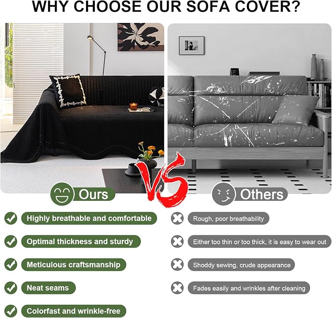 ROOMLIFE Black Sofa Cover, Vintage Boho Couch Cover for 3 Cushion Sofa, Non Slip Soft Chenille Sofa Slipcovers for Dog, Washable Furniture Sofa Protector Cover with Tassel for Living Room, 71''X118” - Image 4