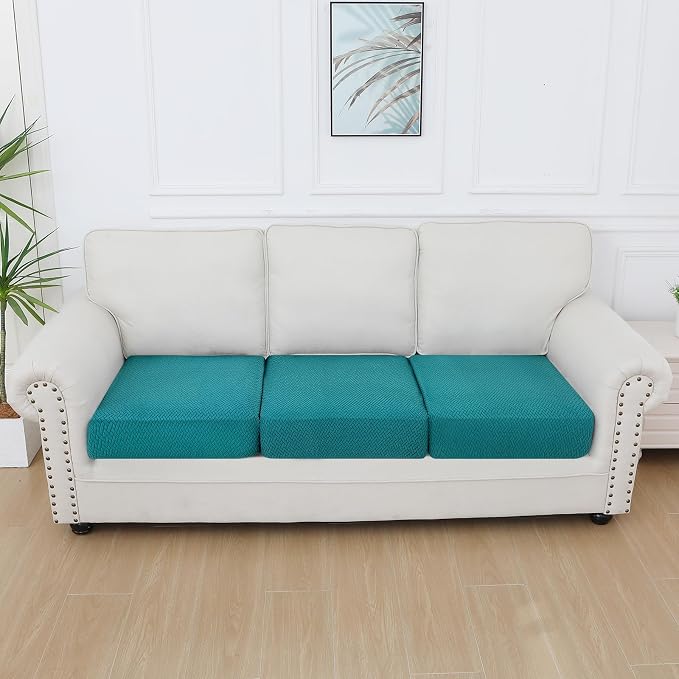 Smiry Waterproof Couch Cushion Covers, Non Slip Seat Cushion Covers | Stretch Jacquard Sectional Sofa Slipcover, Washable Elastic Furniture Protector for Pets, Kid, 3 Pieces, Peacock Green - Image 5