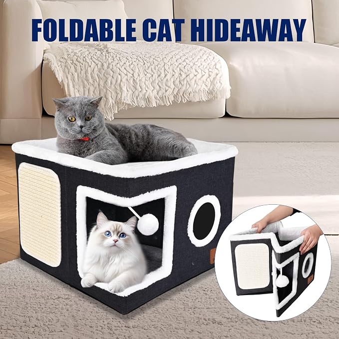 Cat Beds for Indoor Cats, Large Cat Cave Bed with Scratch Pad and Fluffy Ball, Foldable Cat Hideaway, Cat House with Reversible Cushion for Multi Small Pet Up to 30LBS, Dark Grey - Image 5