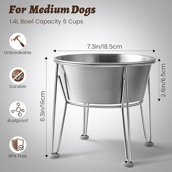 Elevated Dog Bowls for Medium&Small Dogs - Stainless Steel 48oz/6 Cups Raised Feeder with Non-Slip Base, Dual Food & Water Bowls 2-Pack - Image 2