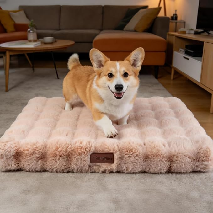 Orthopedic Dog Beds for Large Dogs, Fluffy Faux Rabbit Fur Pet Bed with Removable Washable Cover, Dog Bed Mat with Egg Crate Foam & Waterproof Lining, Anti Slip Bottom, Light Khaki,36"x27"x3" by VhenWhen