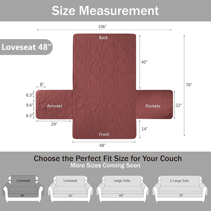 Red Loveseat Covers for 2 Cushion Couch, Water-Repellent Covers for Love Seat Sofa, Machine Washable Quilted Couch Covers, Pet Friendly Sofa Slipcovers (Loveseat 48", Red) - Image 7