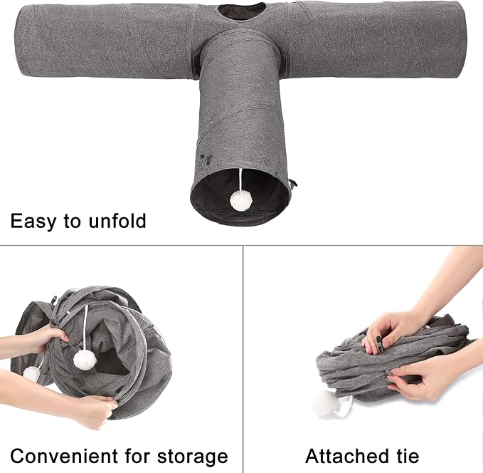 Ownpets Cat Tunnel, 3 Way Collapsible Kitty Tunnel 47 inch Long Cat Tube with Plush Ball & Feather Toy, Cat Play Tunnel for Indoor Cat, Kitten, Rabbit - Image 5