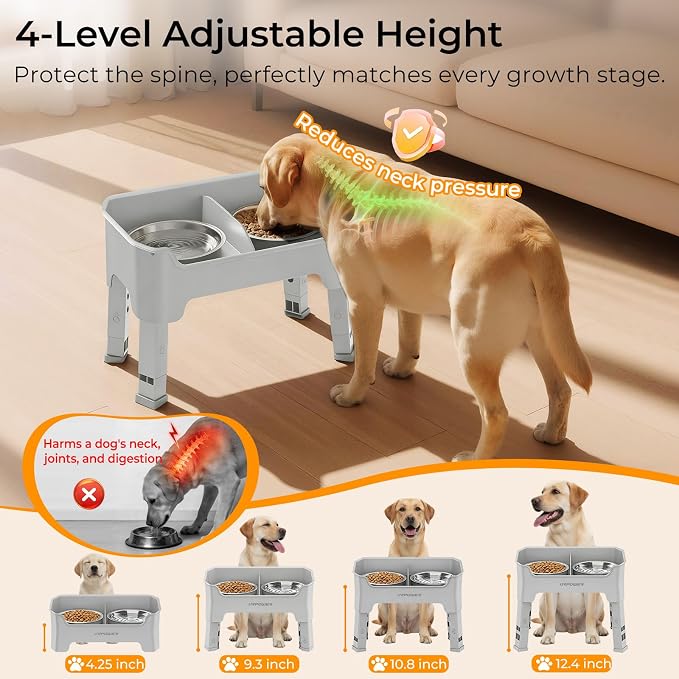 URPOWER Mess Proof Elevated Dog Bowls, Splash Guard Raised Bowl Stand | 4 Height Adjustable Raised Stand with 2 Stainless Steel Food Bowls & Licking Plate for Small, Medium & Large Dogs - Image 6