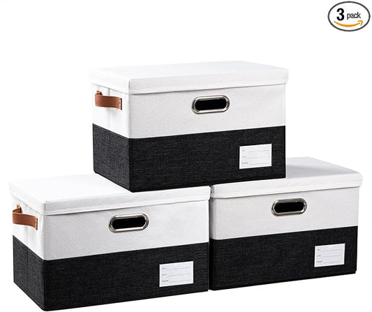 PRANDOM Foldable Storage Bins with Lids [3-Pack] Fabric Collapsible Storage Boxes Baskets Cubes Containers with Handles for Closet Living Room Bedroom (Black & White 14.9x9.8x9.8'') by Prandom