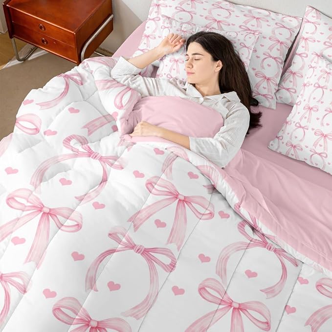 Erosebridal Pink Bow Full Comforter Set for Girls Ribbon Bowknot Love 7 Piece Bedding Set for Kids Room Decor Pretty Trendy Pink Bows Quilt Set Girly Bow Knot Heart Bowtie Bed in A Bag with Sheets - Image 6