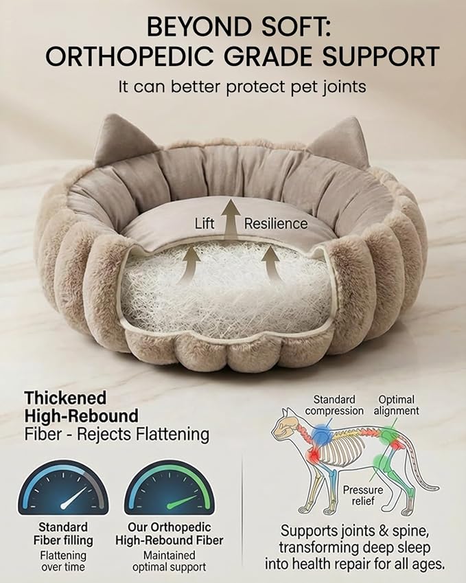 Premium Feline Space 24 Inch Washable Cute Fluffy Large Cat Beds for Indoor Cats, Fuzzy Faux Fur Calming Lounger with Ears, Cozy Warm Pet Nest, Thick Private Fortress - Image 3