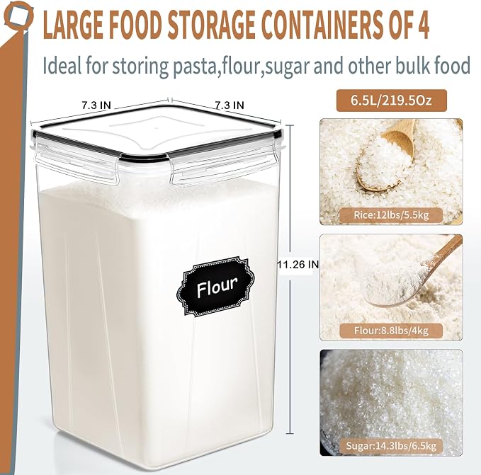 4pcs Large Tall Airtight Food Storage Containers with Lids - 6.5L / 5.9qt | Pantry Kitchen Organizers and Storage, Airtight Food Canisters with Lids for Kitchen, Pantry Organization, BPA Free, Black - Image 2