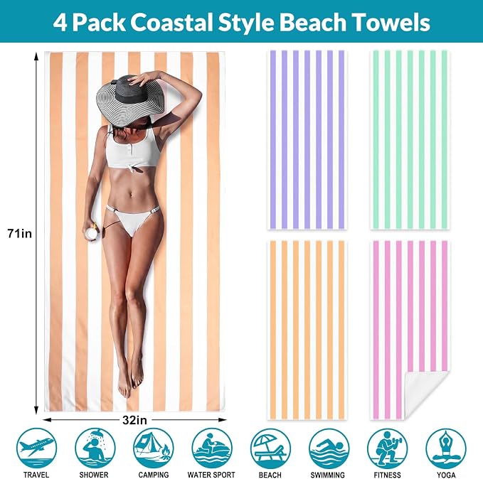 Frienda 4 Pack Microfiber Oversized Lightweight Beach Towel 71x32 in for Women Men Microfiber Quick Dry Sand Free Ocean Coastal Towels for Beach Pool Travel (Pastel Stripe) - Image 2