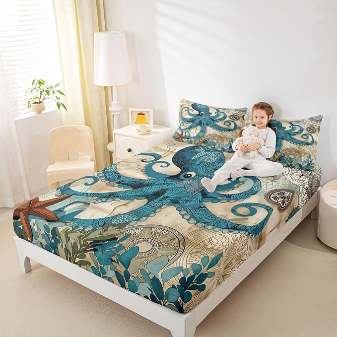 Octopus Bedding Ocean Bed Sheet Set Teal Mystic Kraken Mediterranean Style Design Teal Animal Bedding Sets Octopus Kids Sheet Set for Twin Size Skull Fitted Sheet and Flat Sheet,Marine 1 Pillowcase - Image 5