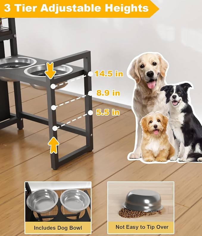 30.6Long x 26.2 High Elevated Dog Bowl Stand with Pet Food Storage Organizer, Adjustable Raised Feeding Station with Toy Basket for Large Medium Small Dogs and Cats, Black - Image 4