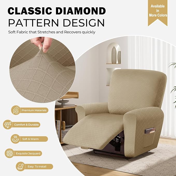 vctops Diamond Recliner Cover 4-Pieces Recliner Stretch Sofa Slipcover 1 Seater Couch Protector Soft Solid Furniture Protector Covers with Elastic Strap (Light Coffee,1 Seat) - Image 3