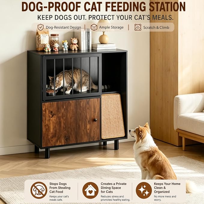 Dog Proof Cat Feeding Station with Storage Cabinet& 2 Stainless Steel Bowls, Elevated Cat Food Station with Scratching Board, Modern Wooden Cat House Furniture for Indoor Cats, Large Pet Cabinet - Image 2