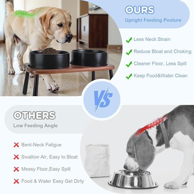 SPUNKYJUNKY Ceramic Elevated Dog Bowls Raised with Acacia Bamboo Wooden Stand, 8.3'' Dog Food Water Bowls Set Non-Slip for Medium Large Sized Breed Microwave Dishwasher Safe - 60 OZ,Black - Image 3