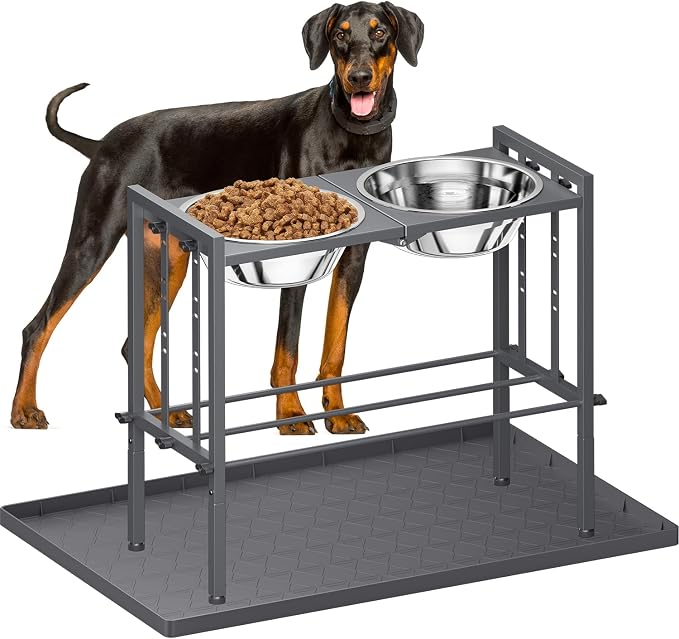Elevated Dog Bowl for Large Breed, Height Adjustable Feeder with Mat, Gery | Adjustable Height at 15°Tilted Angle, Lightweight, Nonslip, All-Iron Structure, Stainless Steel bowls, Easy Assembly Cleaning by Pawtners