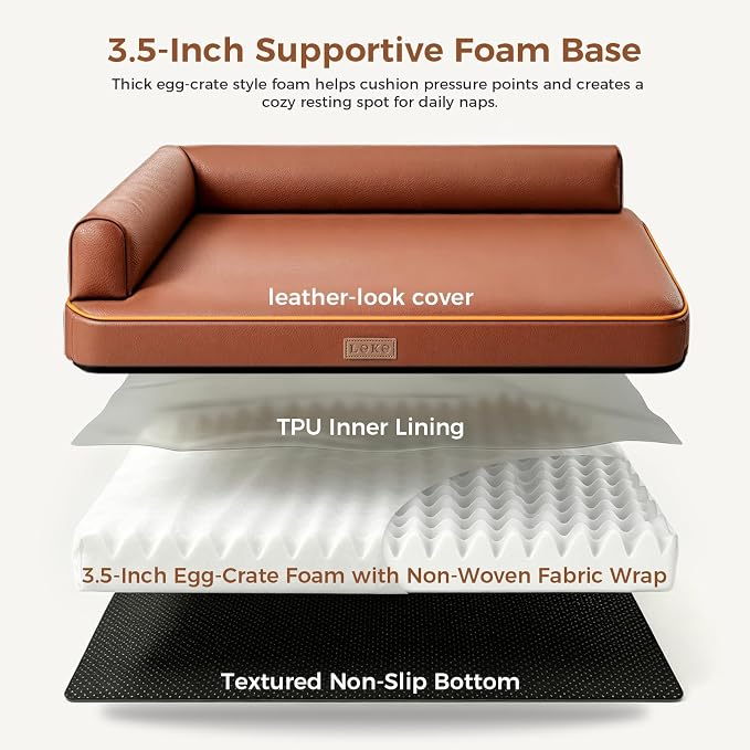 Outdoor Waterproof Dog Bed for Small Dogs, Egg Crate Foam Crate Pad with Raised Bolster, Removable Washable Leather-Look Cover, Non-Slip Bottom, Brown, for Dogs Up to 20 in. Long - Image 3