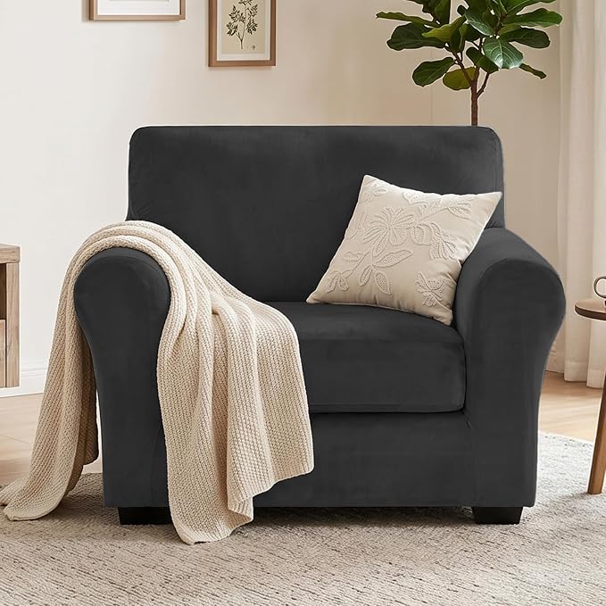 XINEAGE 2-Piece Velvet Armchair Sofa Cover, Couch Covers for Dog,Black | 1 Cushion Chair,Stretch Non-slip Elastic, Pet-friendly, Washable, Fast Setup, Soft Plush Fabric, Furniture Protector. - Image 4