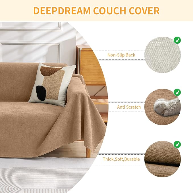 Deep Dream Cat-Scratch Resistant Couch Cover, Waterproof Sofa Cover for 3 Cushion Couch Washable, Pet Friendly Couch Protectors Anti Slip Thickened Sofa Slipcovers for Dogs Pets, 91" x 150", Brown - Image 2