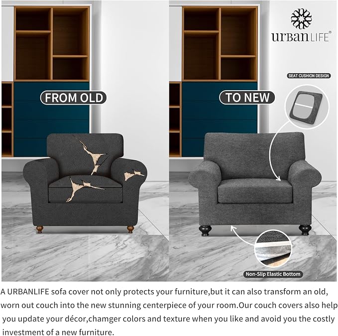URBANLIFE 2-Piece Stretch Sofa Covers for 1 Cushion Couch, Gray | Super fitted spandex slipcovers for couches. Non-slip elastic bottom. Machine washable furniture protector for kids & pets. - Image 5
