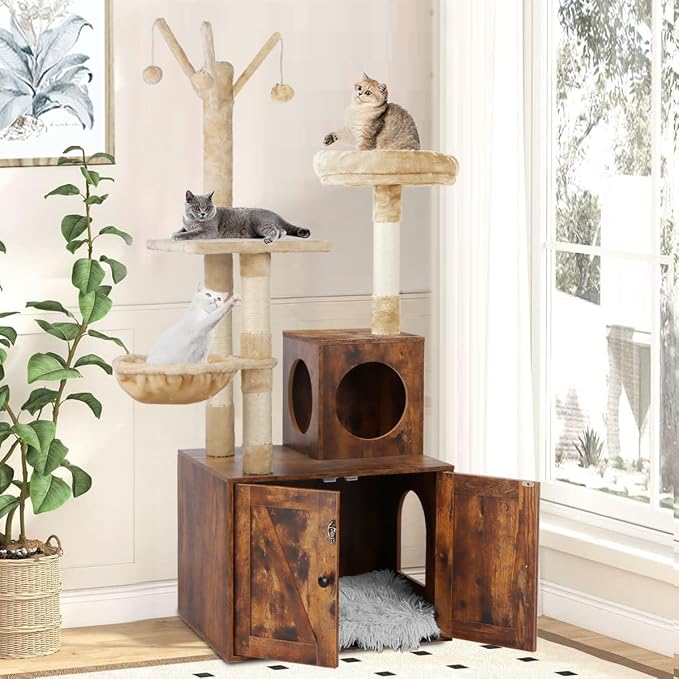 Timberer Cat Tree Tower with Litter Box Enclosure, 2-in-1 Wooden Cat Condo with Sisal Scratching Post, Hammock, Brown - Image 7