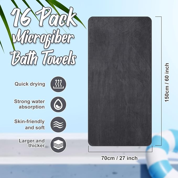 SmoothNovelty 16 Pack Microfiber Bath Towels Bulk 27'' x 60'' Oversized Size Bath Towel Highly Absorbent Extra Large Soft Drying for Beach Shower Summer Salon Sport Gym Party (Stripe,Deep Grey) - Image 2