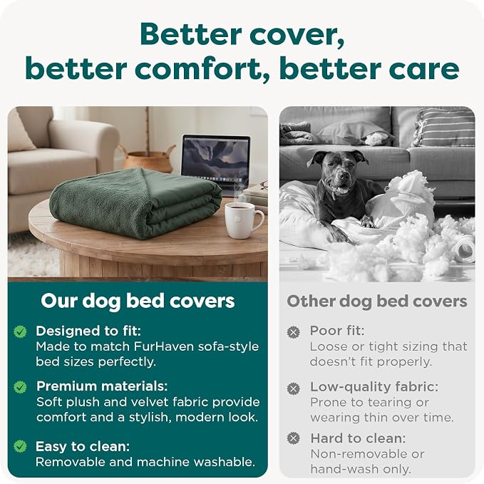 Furhaven Replacement Dog Bed Cover Faux Fur & Velvet Sofa-Style, Machine Washable - Dark Sage, Medium - Image 7