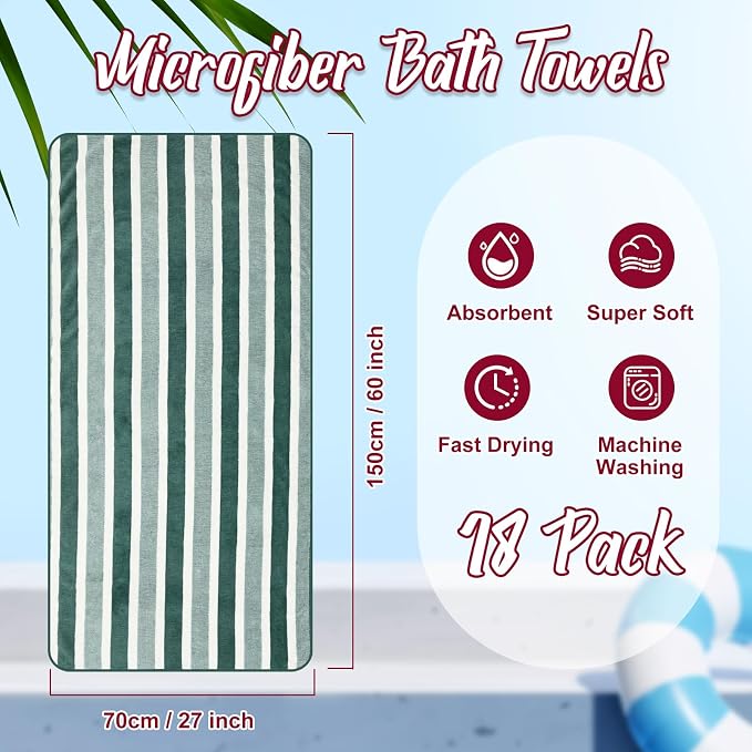 SmoothNovelty 18 Pack Microfiber Bath Towels Bulk 27'' x 60'' Oversized Size Bath Towel Highly Absorbent Extra Large Soft Drying for Beach Shower Summer Salon Sport Gym Party (Stripes,Neutral) - Image 2