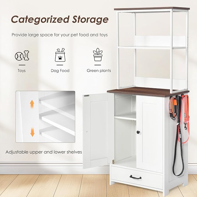 Pet Feeding Station Storage Cabinet with Bowls and Rack, Adjustable Panel,Pet Feeder Station for Dogs Cats for Feeding & Watering Supplies with 2-Level Shelving - Image 4