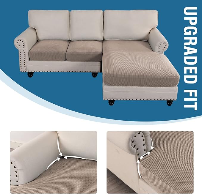 H.VERSAILTEX Sectional Couch Covers 3 Pieces Sofa Seat Cushion Covers L Shape Separate Cushion Couch Chaise Cover for Both Left/Right Sectional Couch (Seat Only: 1 Chaise + 2 Sofa, Sand) - Image 7
