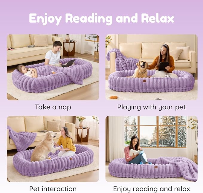 ChiXnuggle Orthopedic Human Dog Bed,Striped Faux Fur Washable Cover,Blanket | purple,72*40*10,giant dog bed for adult or extra large dogs,egg crate foam,non-slip bottom - Image 8