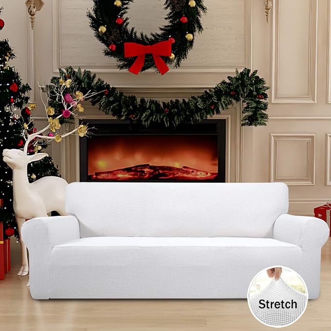 Easy-Going Stretch Couch Covers for Sofa Washable Large Snow White | 1-Piece Sofa Covers for 3 Cushion Couch Furniture Protector Couch Slipcover Soft with Bottom for Kids Pets - Image 2
